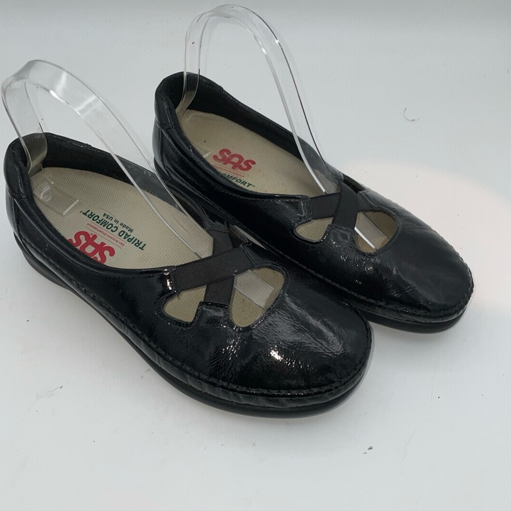 SAS Black Patent Leather Cross-Strap Wedge‎ Comfort Flats Size 8M